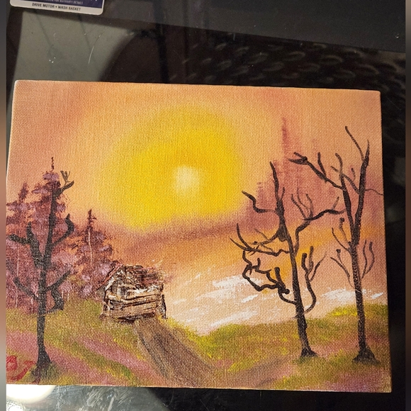 Bob Ross Inspired Cabin in the Woods Lakeside Hazy Sun Hand Painted Oil Canvas - Picture 1 of 6